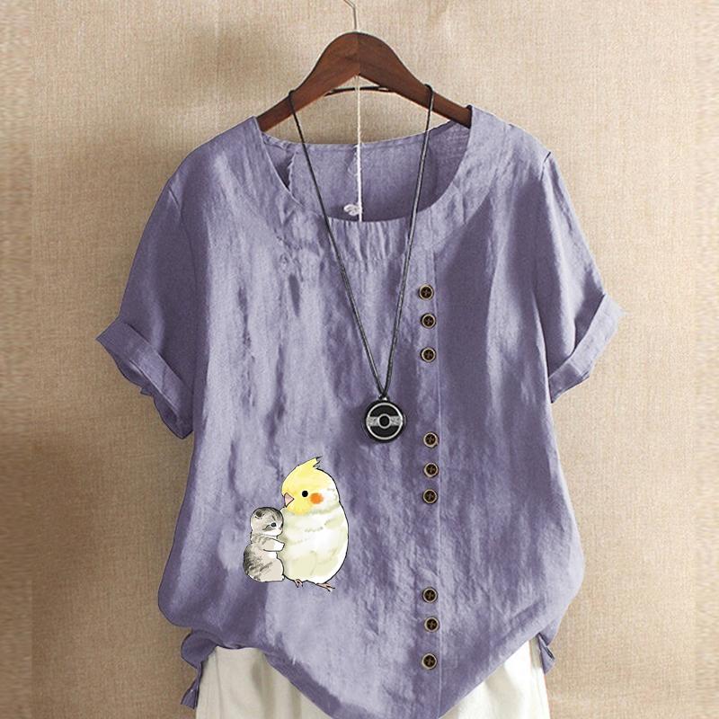 Женская модная футболка с круглым вырезом и короткими рукавами с принтом кота и попугая, повседневная хлопково-льняная рубашка с рисунком, свободная летняя блузка для отдыха, топы больших размеров
