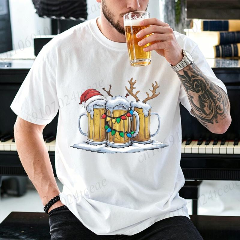 Men Christmas Beer Santa Hat Reindeer Print T Shirt Christmas Lights Funny Xmas Beer Lover Graphic Short Sleeve T-Shirts Tops