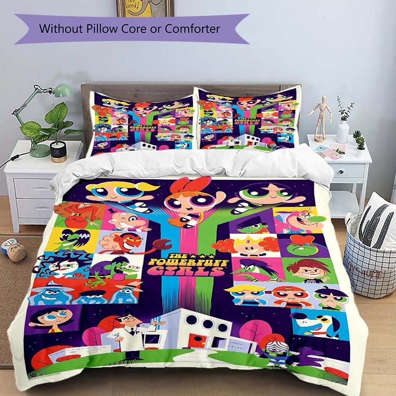 3Pcs Powerpuff Girls Adventure Bedding Set Quilt Cover Pillowcase Home Christmas Xmas Halloween Gift 1 Duvet Cover 2 Pillowcase M9292