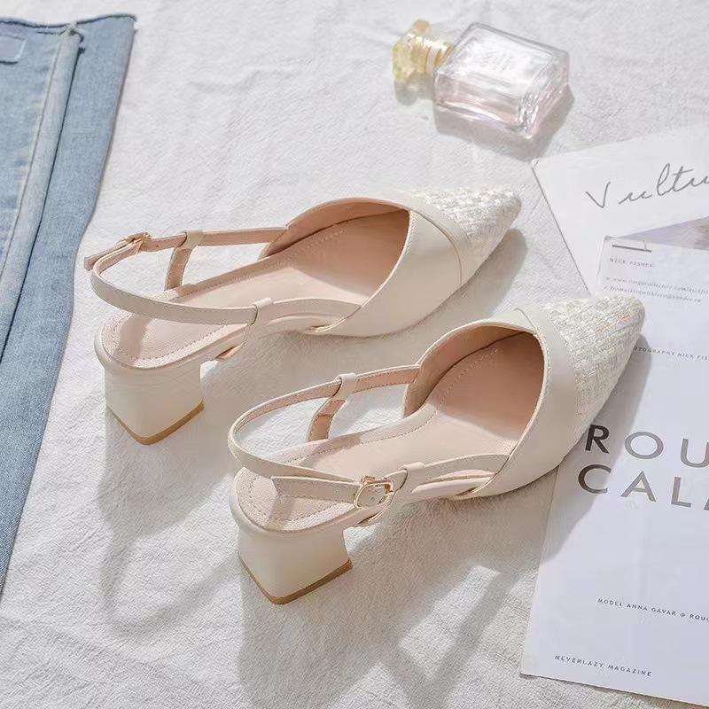 Xiaoxiangfeng Bag Head Thick Heel Single Shoes Women's Pointed Head Year Word Belt Rear Air Heel Sandals Women's Summer Versatile