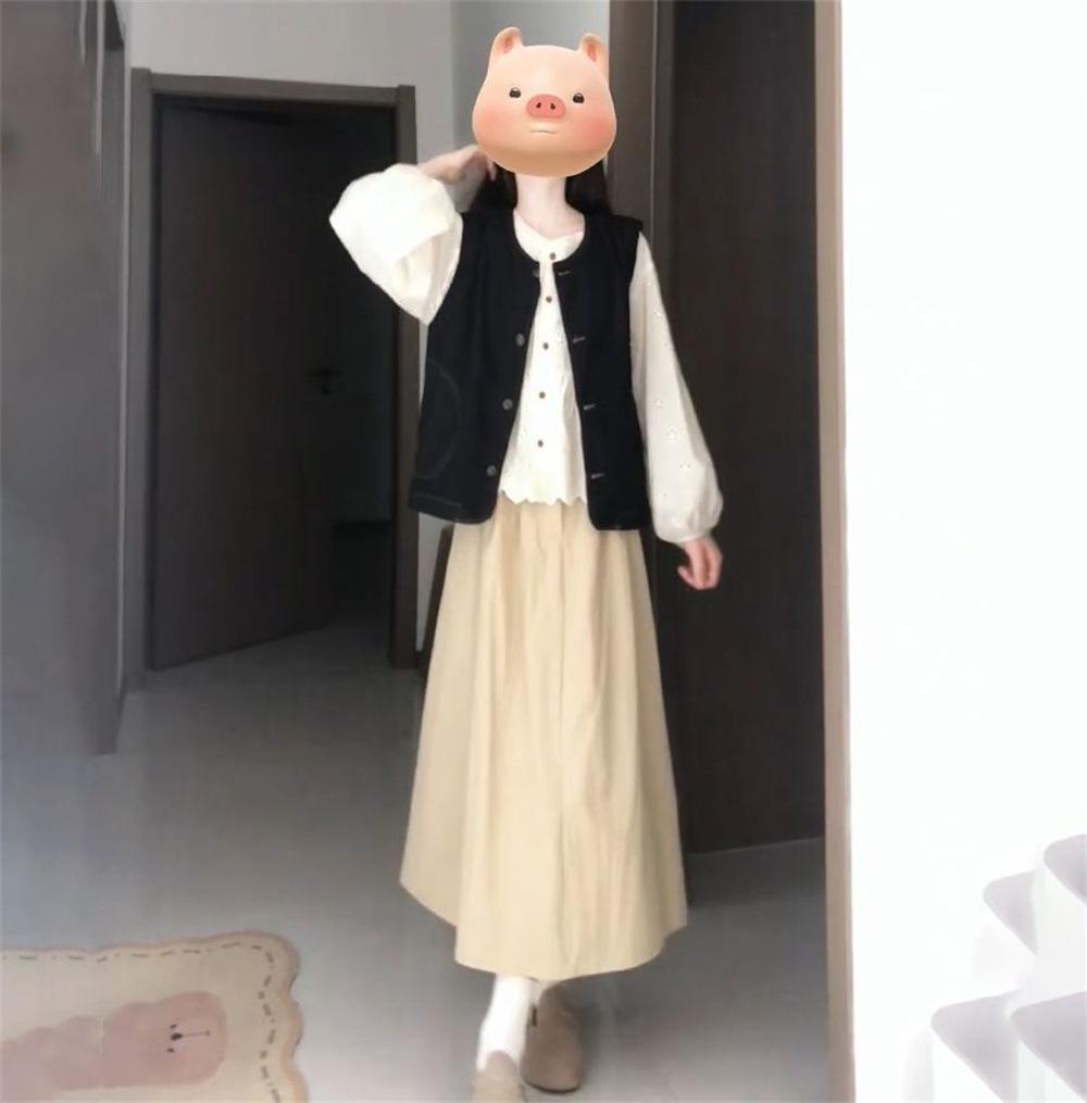 Женский осенний французский милый короткий джинсовый кардиган-жилет с полуюбкой и комплектом белой рубашки с длинным рукавом