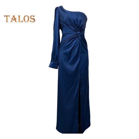 Женское вечернее платье на одно плечо с открытым рукавом, разрезом по низу, однотонное, с тонкой талией, плиссированное, с узлом, однотонное, коктейльное, вечернее платье макси