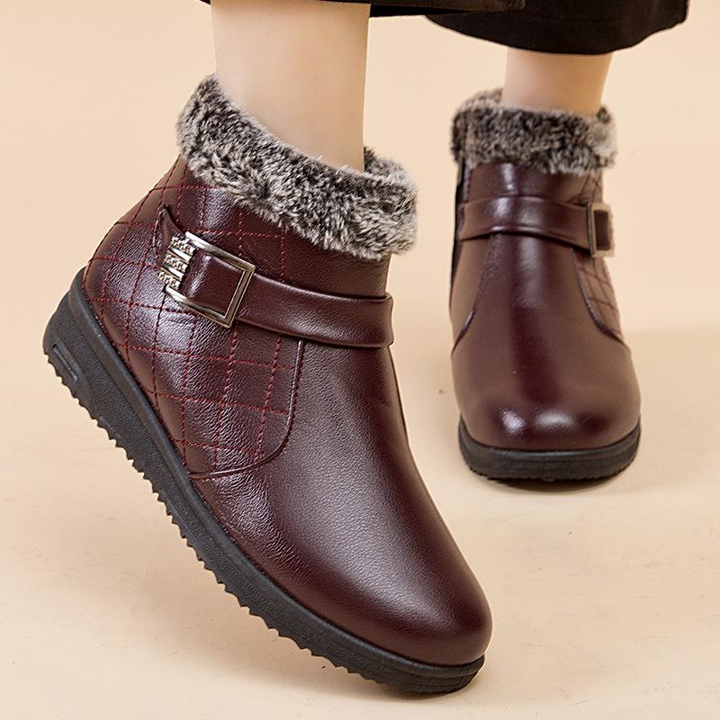 Горячие продажи мягкие кожаные женские водонепроницаемые повседневные нескользящие удобные короткие ботинки средней длины для пожилых женщин из хлопка и плюша