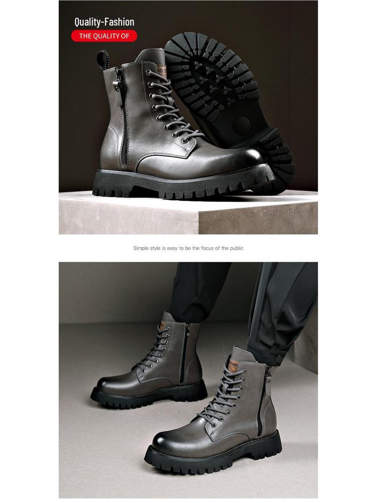 Мужские осенне-зимние желтые ботинки из натуральной кожи с толстой подошвой, боковой молнией и круглым носком — удобные, средней высоты, в стиле Martin.