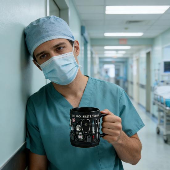 Персонализированная кружка на медицинскую тематику ER Jack Первая помощь 3D кружка с медицинскими инструментами Черная керамическая кофейная кружка для врачей медсестер Практичный подарок Коллекционный