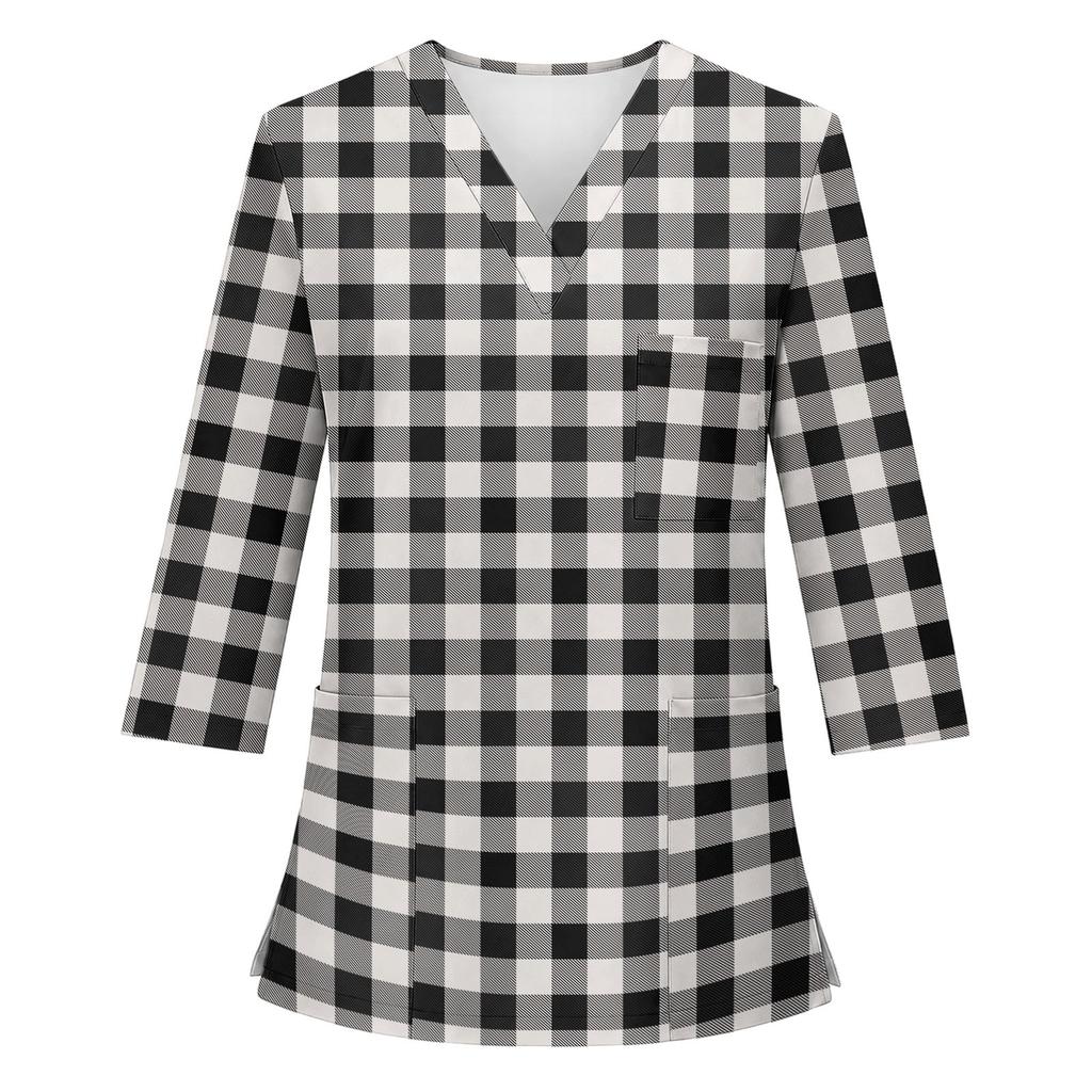 Women's V-Neck Uniform Top with Single Pocket and Side Slit 3/4 Sleeve