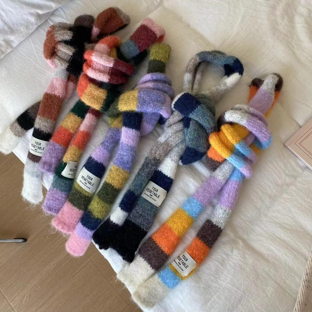 Knitted Wool Sausage Thin Scarf With Warm Color Splicing Contrast Rainbow Color Scarf Winter