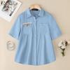 Women Summer Turn Down Collar Casual Short Sleeve Blouse