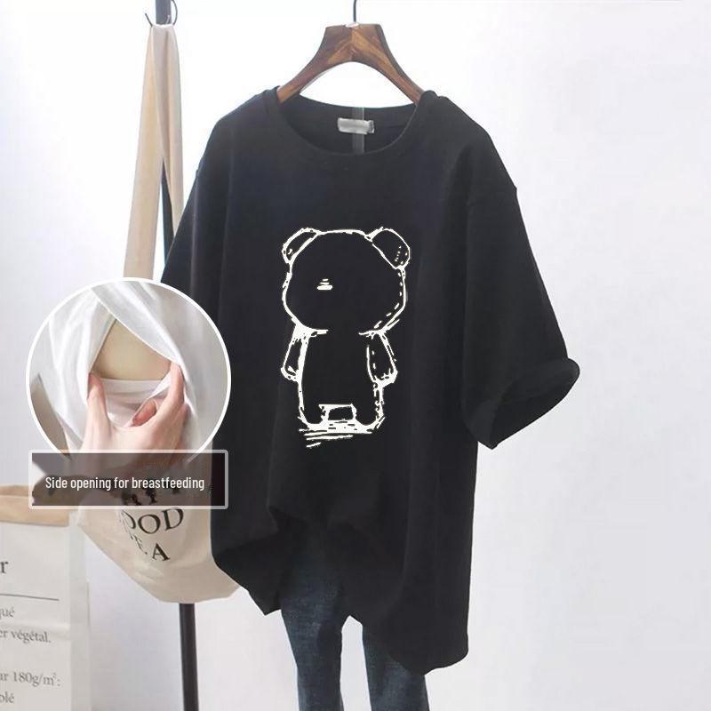 Модная летняя футболка для кормящих мам: Средняя длина, короткие рукава, боковые разрезы, универсально для стиля Hot Mom