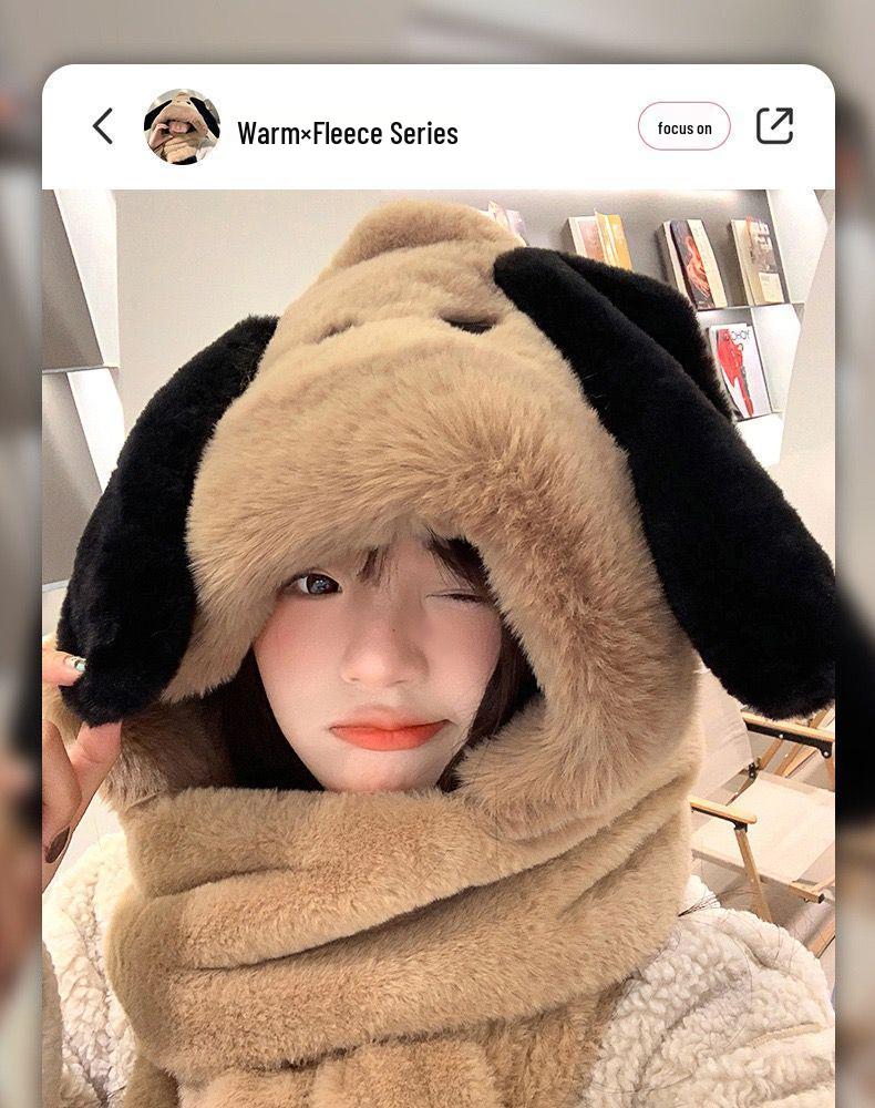 Women's Cute Bear Plush Hooded Snood with Warm Gloves and Scarf Set