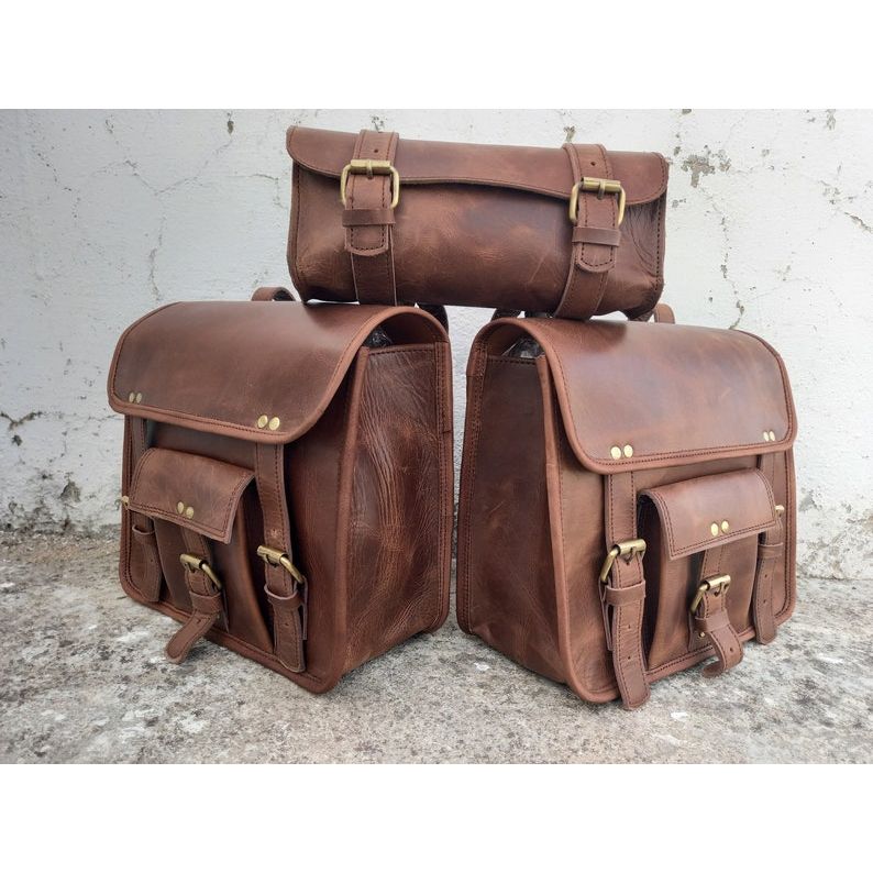 Кожаная седельная сумка Мотоциклетная сумка Кожаная сумка из шкуры буйвола Мотоциклетная седельная сумка Коричневые кофры для мотоцикла ручной работы Набор из 3 сумок
