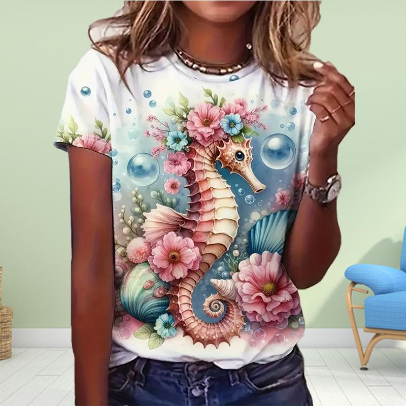 Fashion Womensea Turtle Print T Shirt Funny Casual O-neck Short Sleeves T-shirt Summer Female Tee Shirt