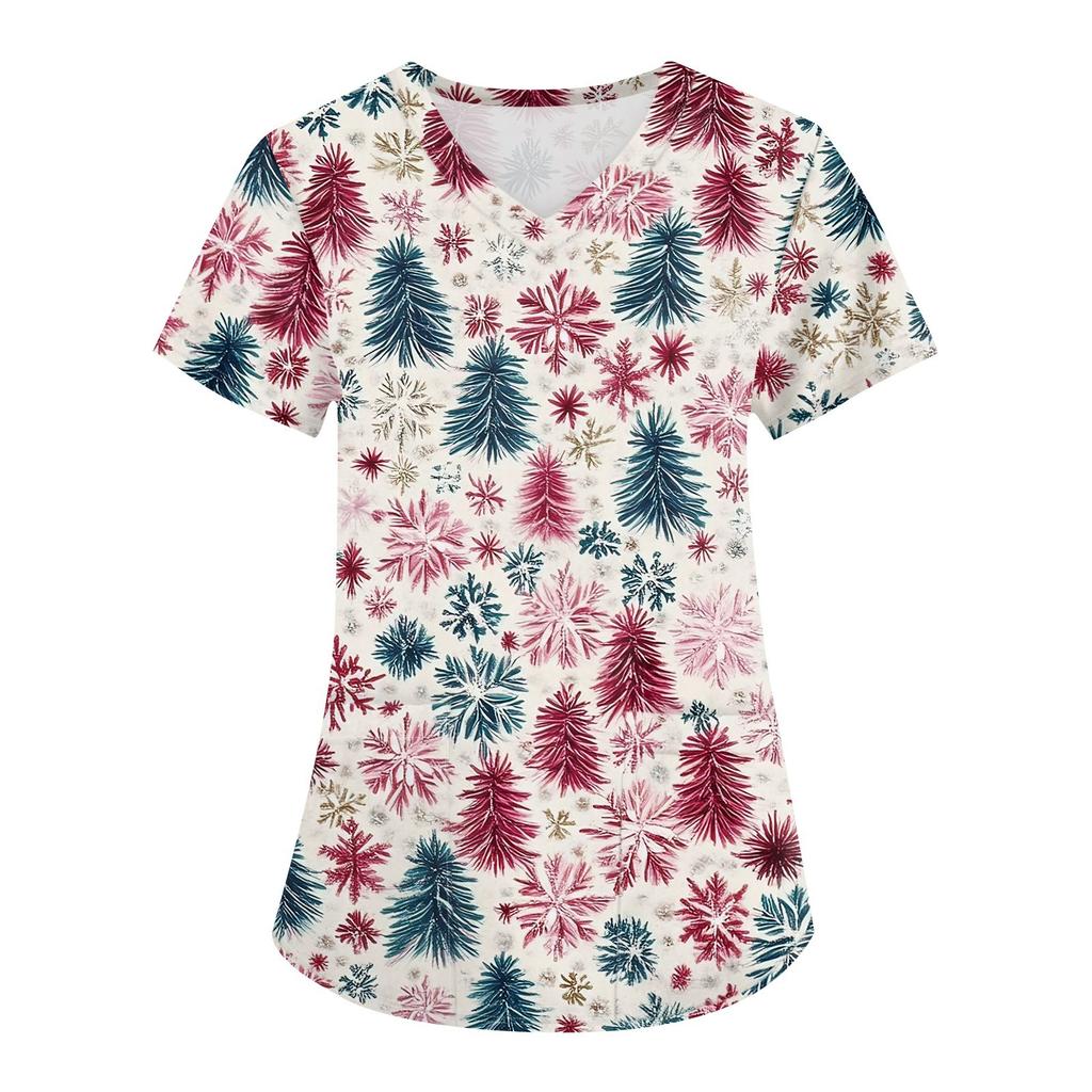 Женская мода с v-образным вырезом, короткими рукавами и карманами, топы с рождественским принтом