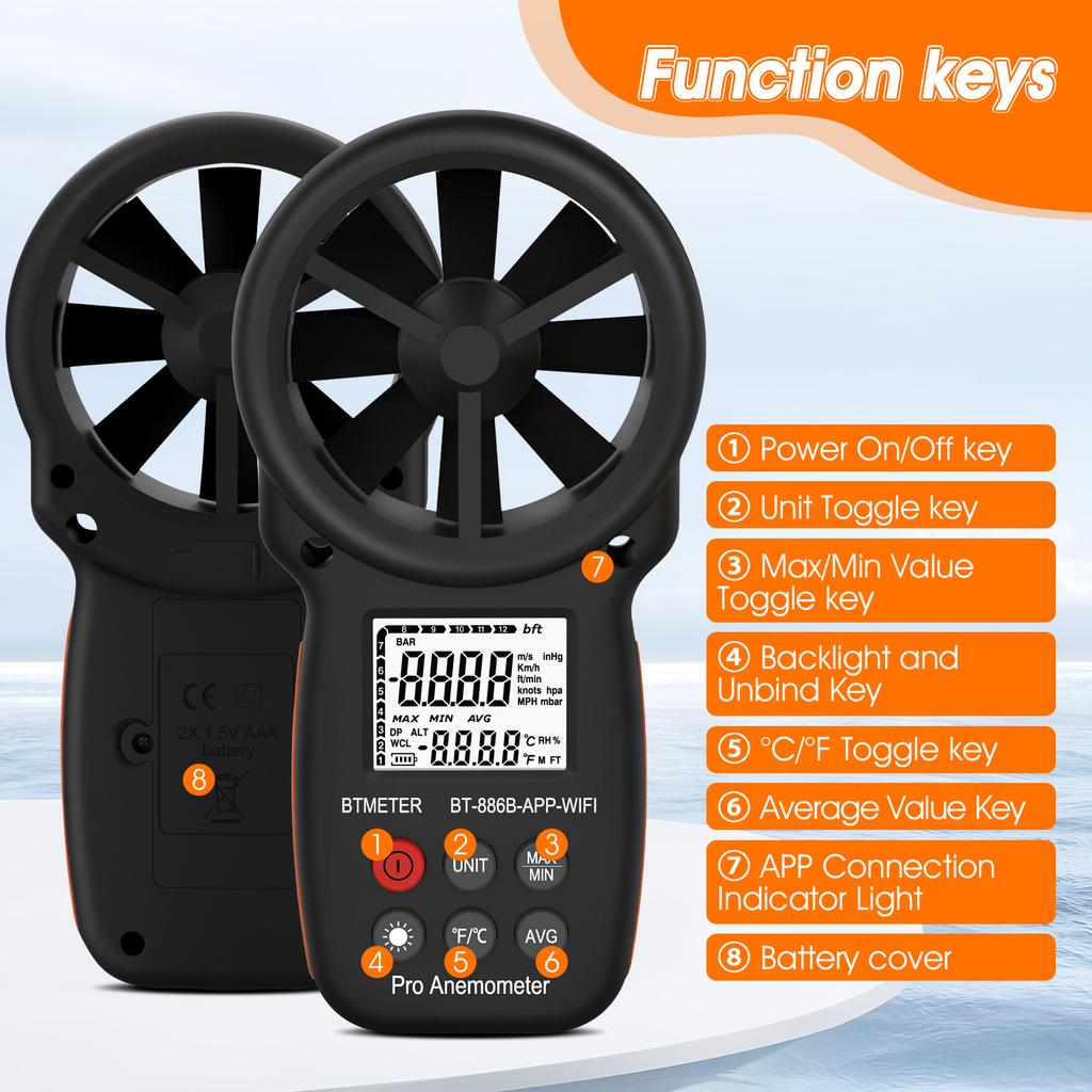 Smart Anemometer Wind Gauge with Record, WiFi App Connection & Control, Wind Meter for Monitoring Wind Speed, Temperature