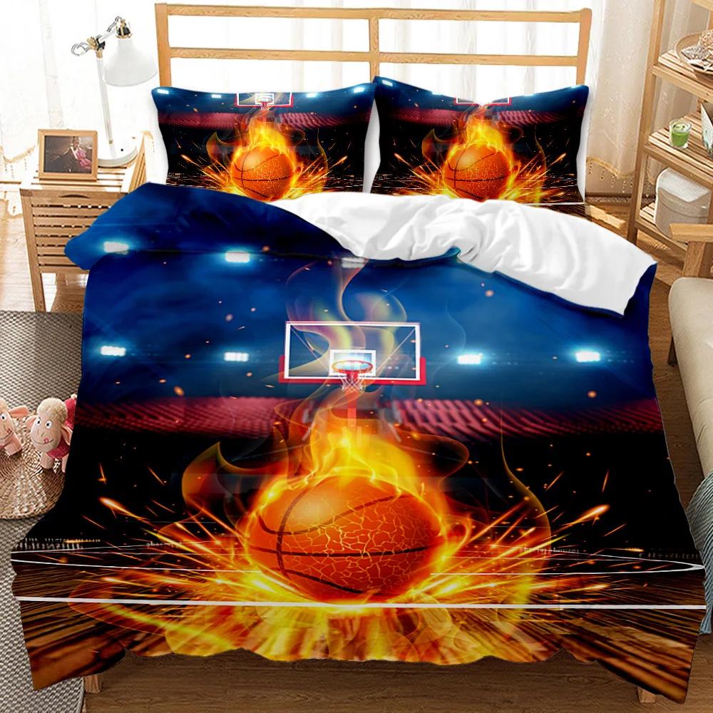 3Pc Fire Basketball Bedding Microfiber Queen/King Size Sports Comforter Set For Teen Boys,2 Pillowcase And 1 Polyester Cover