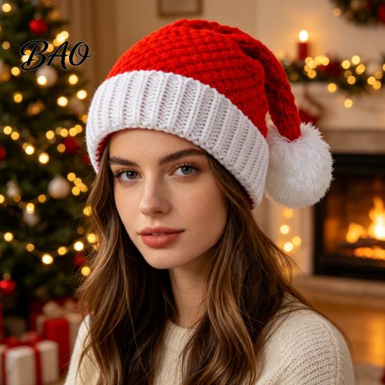 Classic Red White Christmas Hats Santa Hat, Knitted Hat for Kids Adults, Soft Family Winter Xmas Party with Pompom Holiday Accessory Warm Beanies