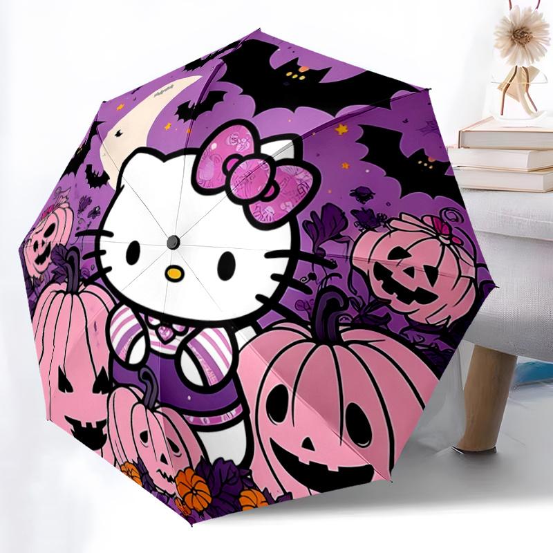 1pc Halloween Hello Kitty Automatic Folding Umbrella - Portable 3-Fold Design with 8-Bone Iron Frame, Perfect Holiday Gift for Fans, Travelers, Everyd