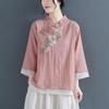 2024 Spring/Summer Retro Women's Chinese-Style Cotton-Linen Embroidered Button Top with Faux Two-Piece Design and 3/4 Sleeves