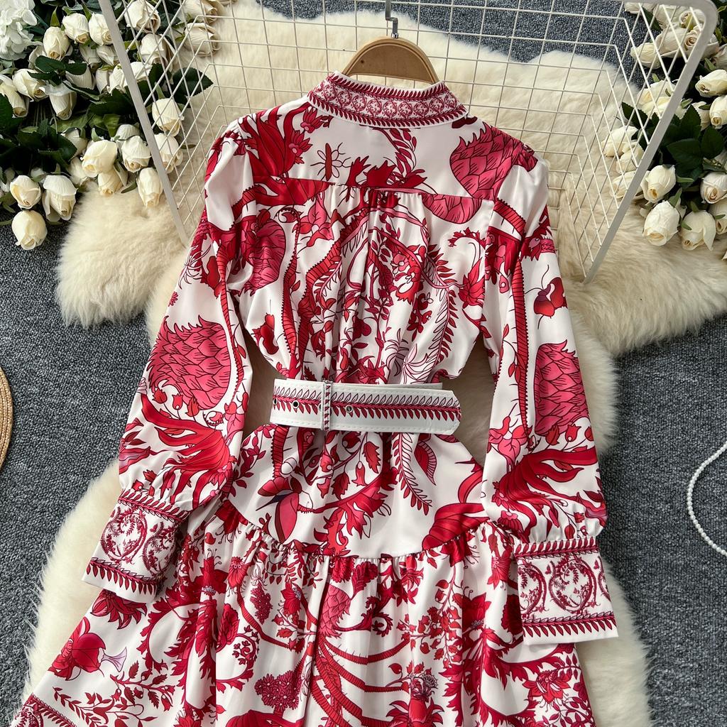 Весна Осень Винтаж Дворцовый Принт Подиумное Платье Женские Длинные Рукава Вечерние Короткие Платья С Поясом