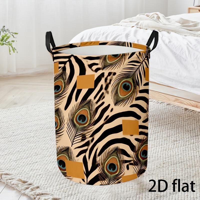 1pc, Laundry Basket, Exotic Animal Print, Peacock Feather Laundry Basket, with Zebra Stripes And Peacock Feather Pattern, Portable And Sturdy Dirty Cl