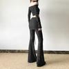 Осень Новые Женские Однотонные Узкие Уличная Мода С Высокой Посадкой Повседневные Рваные Расклешенные Брюки