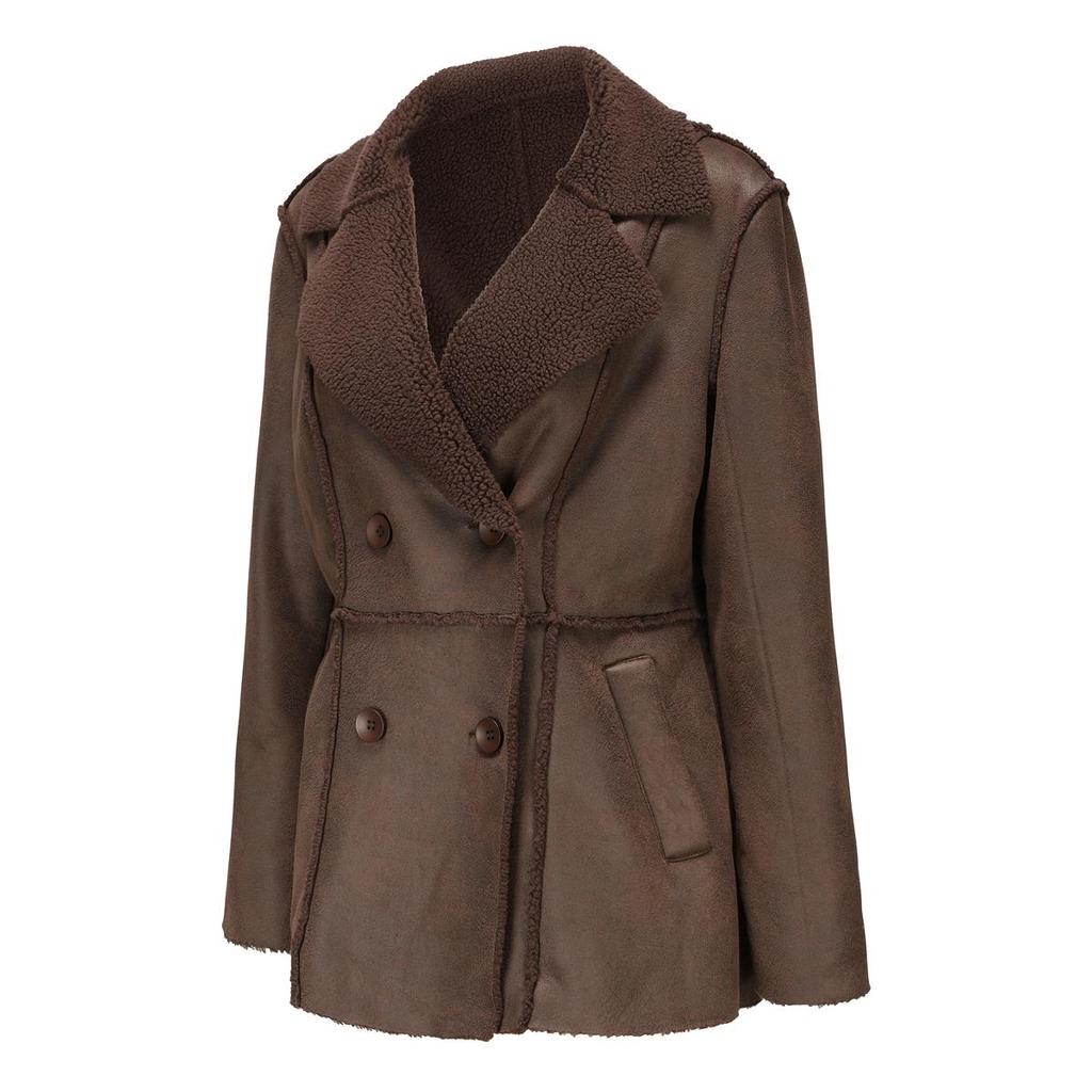 Женские замшевые пальто средней длины Блейзеры из искусственной кожи с плюшевой флисовой подкладкой и лацканами Двубортные куртки из искусственной кожи Для работы в офисе Осень-зима Верхняя одежда