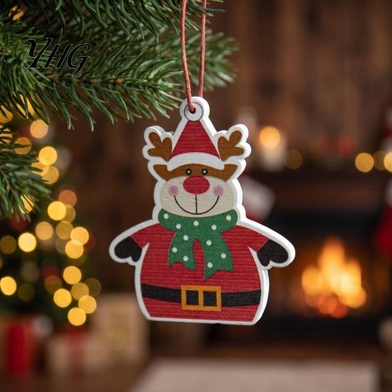 Indoor Holiday Hanging Art Christmas Tree Wooden Pendant, Vintage Cartoon Ornament with Lanyards, Heart Star Shaped Pendants Lightweight Pendant