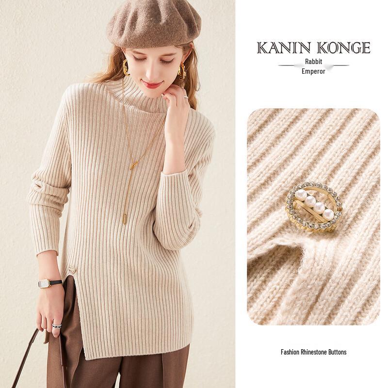 TUHUANG Women's Thickened Ribbed High-Neck Wool Blend Sweater with Split Hem