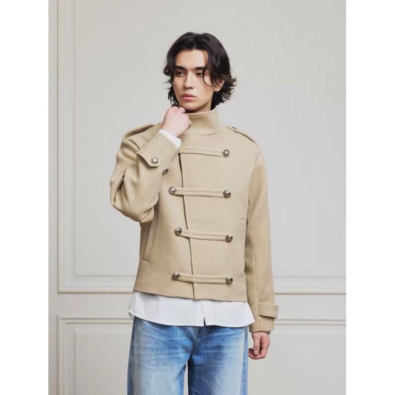 Womens Retro Cropped Wool Blend Jacket Stand Collar Metal Button Loose Fit Fall Coat