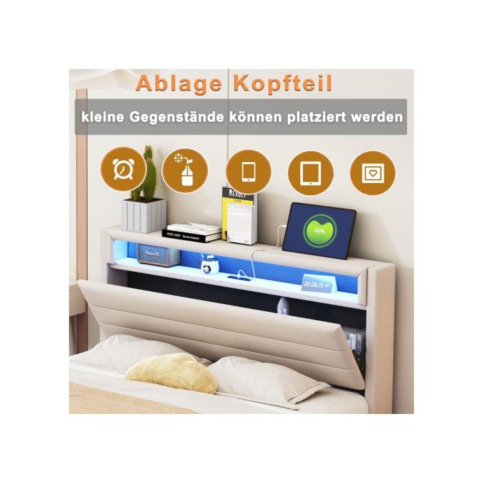 Lit rembourré 140x200 cm, cadre de lit flottant hydraulique avec espace de rangement, tête de lit réversible, lin beige