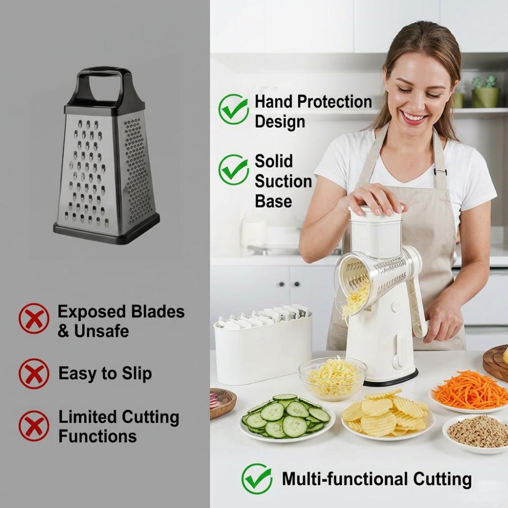 Rotary Vegetable Cheese Grater with 5 Blades Hand Crank Food Slicer Shredder for Potato Cucumber Carrot Cheese Nuts