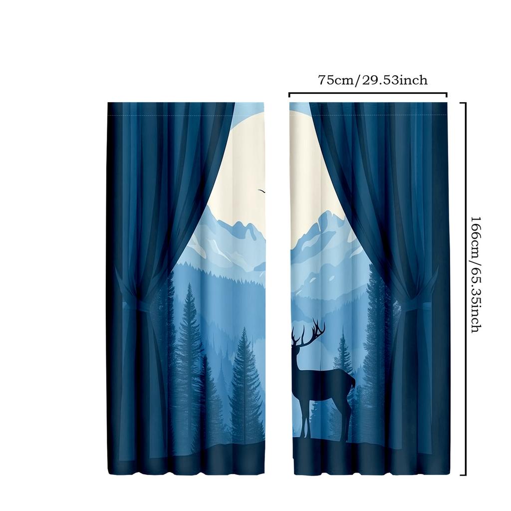 2pcs Classic Blue Deer and Mountain Design Curtains - Polyester, Nature-Inspired Decor for Bedroom & Living Room with Pine Trees