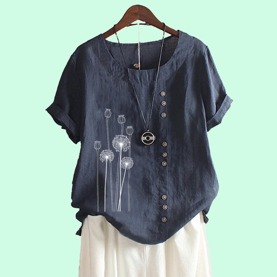 Женская мода хлопок льняная блузка лето и осень мода круглый вырез короткий рукав топ женская цветочный принт свободная футболка