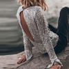 Women Top Round Neck Hollow Out Back Backless Shiny Sequin Long Sleeve Soft Pullover Party Club Performance Lady T-shirt Blouse