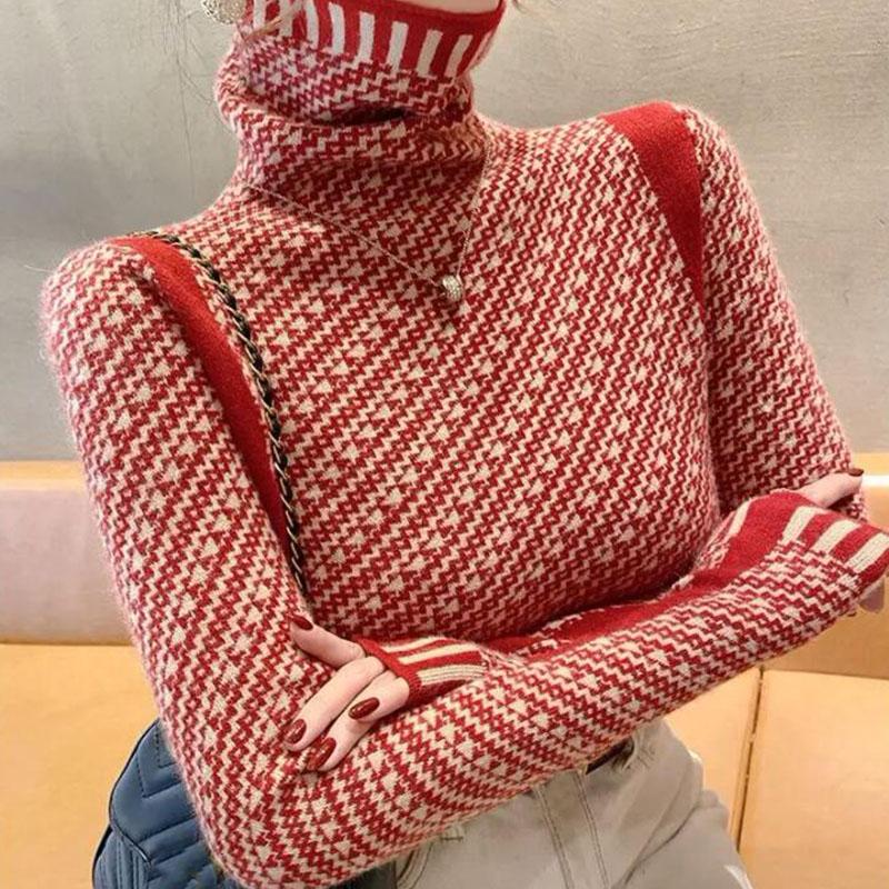 Свитер с высоким воротником, пуловер, женский лоскутный свитер, модный осенне-зимний повседневный свитер с длинными рукавами, женский пуловер