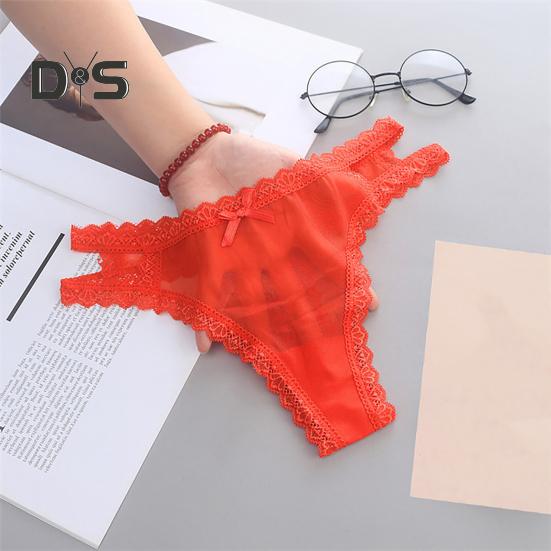 Sexy Embroidery Lace Stitching Briefs Solid Color Bowknot Decor See Through Mesh Thong Low Rise Ultra Thin Hollow Out Panties
