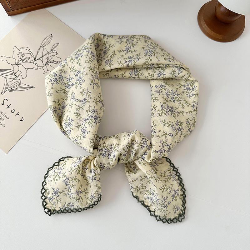 70% Cotton Linen Small Square Silk Scarf - Korean Style Floral Design for Versatile Neckwear and Decorative Use