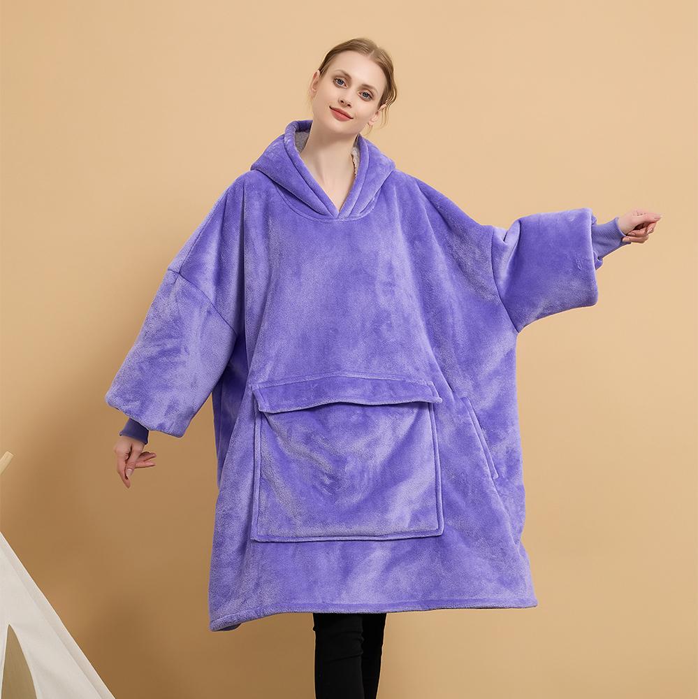 Manufacture Comfortable 100% Polyester Hooded Blanket Flannel Fleece Solid Color Cozy Warm Blanket Hoodie