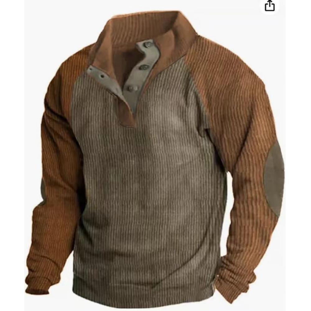 Мужская винтажная вельветовая толстовка с цветными блоками и воротником-стойкой на полпуговицы, зимние и осенние топы с длинным рукавом