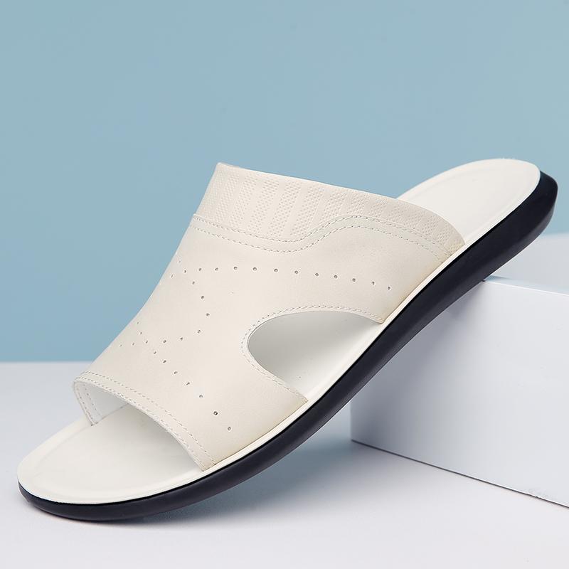 Модные мужские роскошные кожаные тапочки Нескользящая подошва Удобные шлепанцы с открытым носком Домашние тапочки для отеля Легкие летние тапочки