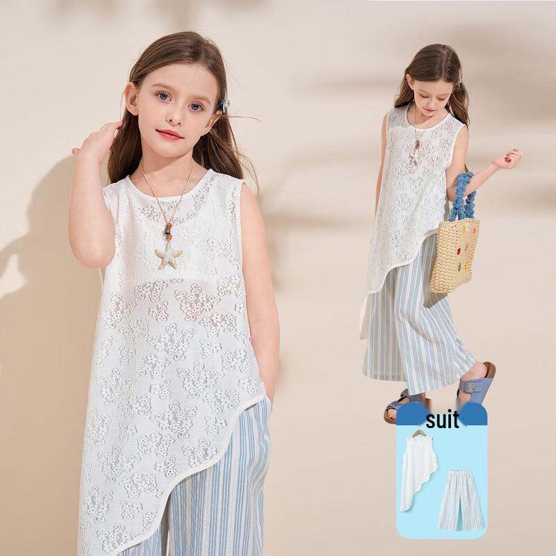 Montagut Girls' Summer Lace Stripe T-shirt & Pants Set
