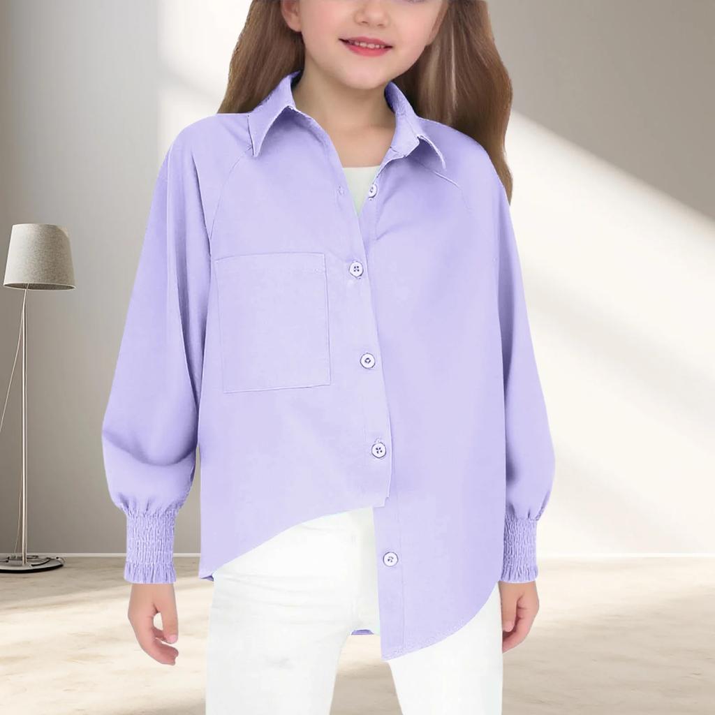 Детская мода Цвет Свободный крой Для девочек Удобная рубашка с длинным рукавом Топ Для детей постарше