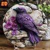 2d Flat 20*20cm Glam Style Purple Crow Circular Wooden Sign, Wall Hanging Decor for Home, Garden, Bedroom, Bar, Bathroom, Party