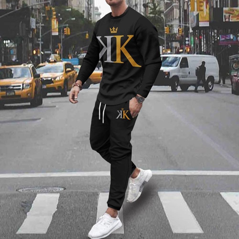 Мужская одежда Футболка с длинным рукавом и штаны Комплекты Толстовка с круглым вырезом Костюмы Повседневные спортивные костюмы Футболки больших размеров Спортивные штаны Наряды