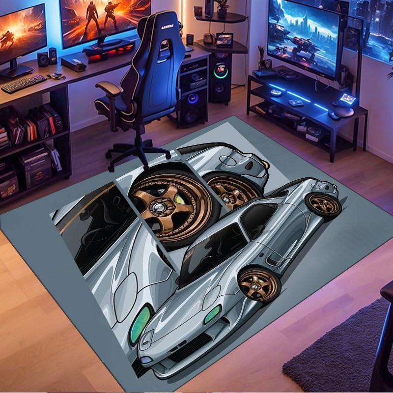 Silver‑Grey Sport Car Bronze Alloy Wheel Comic Print Area Rug Non‑Slip Rectangular Floor Mat Auto Fan Decor for Gaming Bedroom Living Room