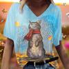 Plus Size T-Shirts Cat Painting Print V-Neck Short Sleeve Casual Top Pullover Summer Women T-shirt