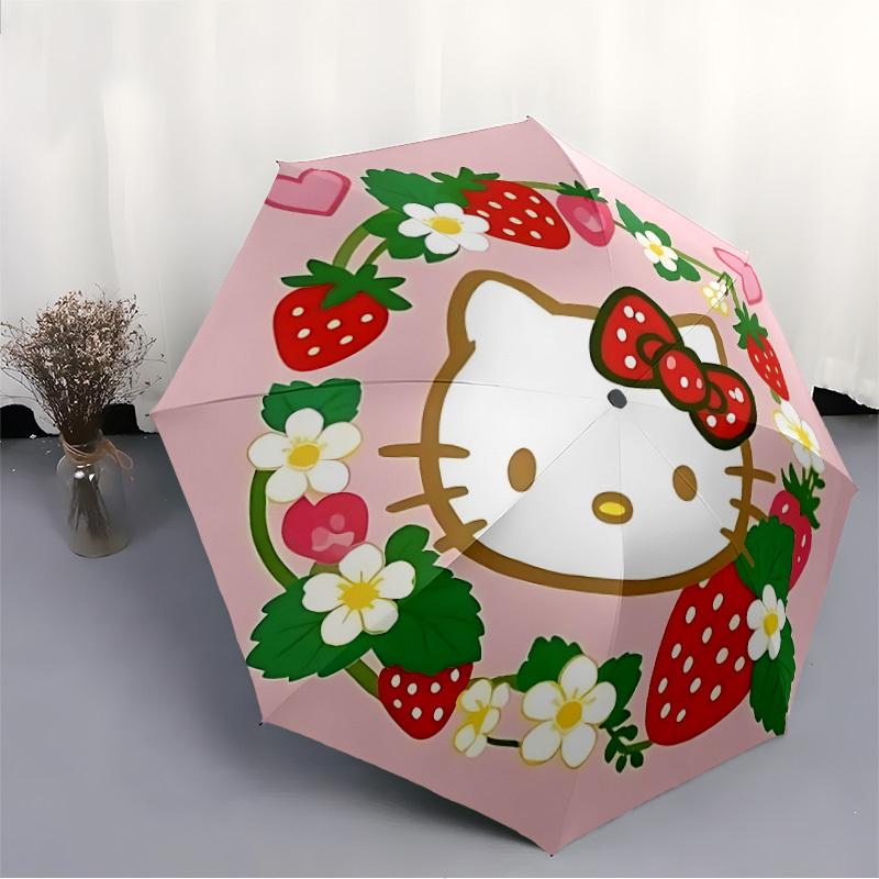 1pc Hello Kitty Strawberry Wreath Auto Open/close Umbrella, Portable Travel Umbrella, Everyday Use - Outdoor Accessory, Artistic Pattern, Compact Desi