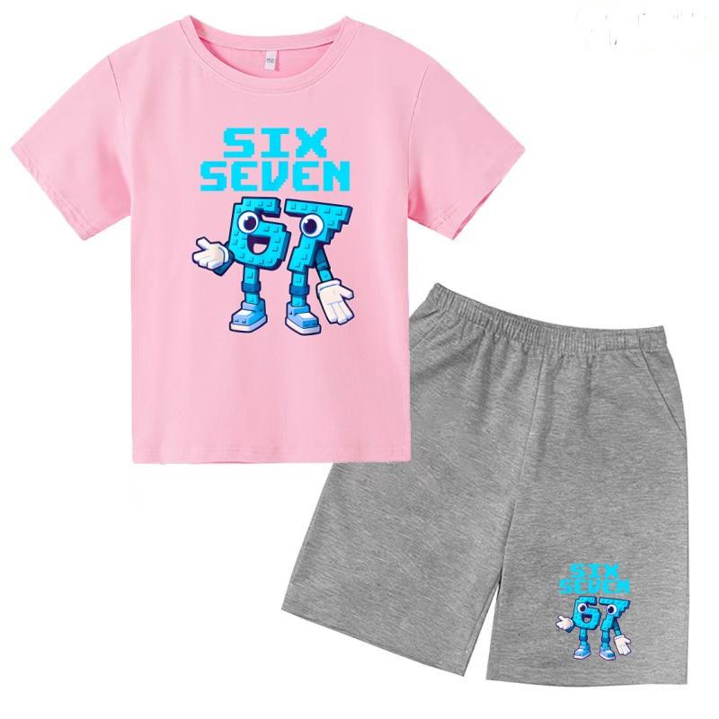 Kids Trend 67 Number Six Seven Print Coat Cool Summer T-shirt 3-12Yrs Cartoon Short-sleeved+Shorts Boys Girls Sports Casual Set