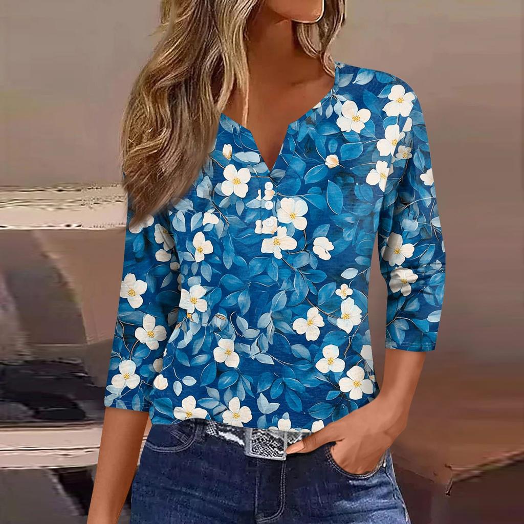 Женский свободный повседневный топ с цветочным принтом и V-образным вырезом с рукавами семь четвертей Топ с V-образным вырезом и рукавами семь четвертей