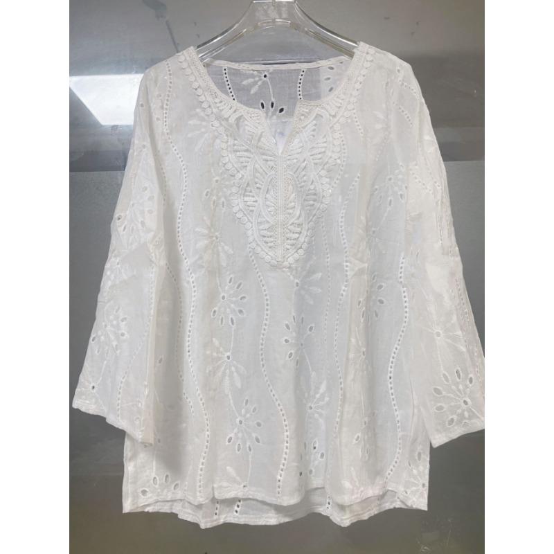 Autumn Loose-fitting V-neck Temperament Commuter Embroidered Flared Sleeve Lace Blouse Chiffon Shirt
